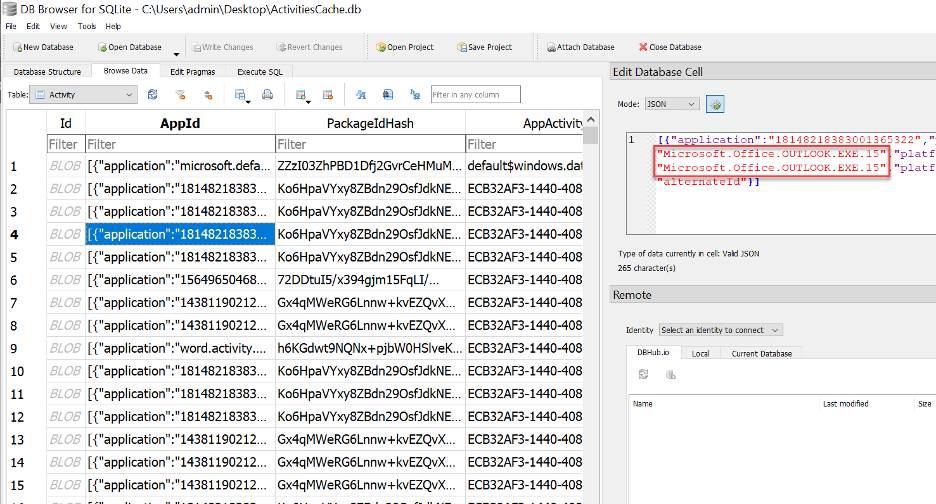 Application Names Found in JSON Data Using SQLite Browser