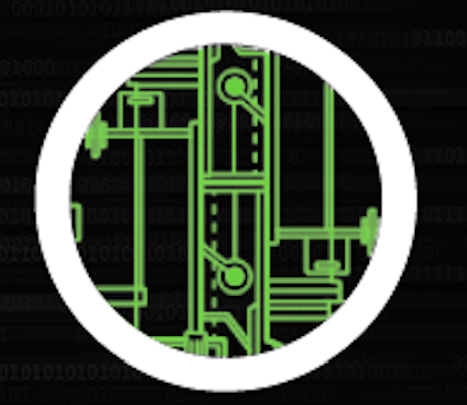 NEOISF logo - white circle with black and green circuit board design